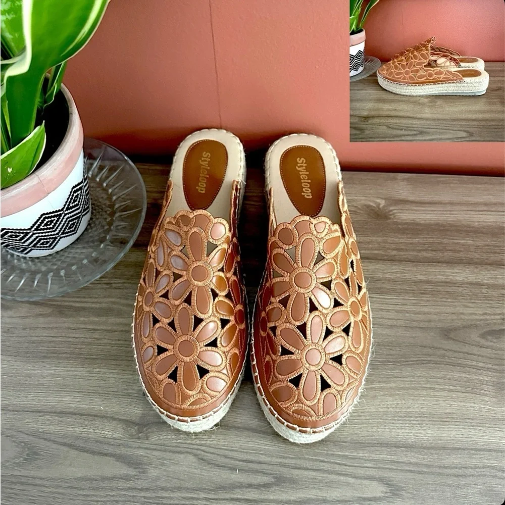 Floral Embroidered Espadrille Flat Vacation Tan Pleather Platform Shoes 9.5 10